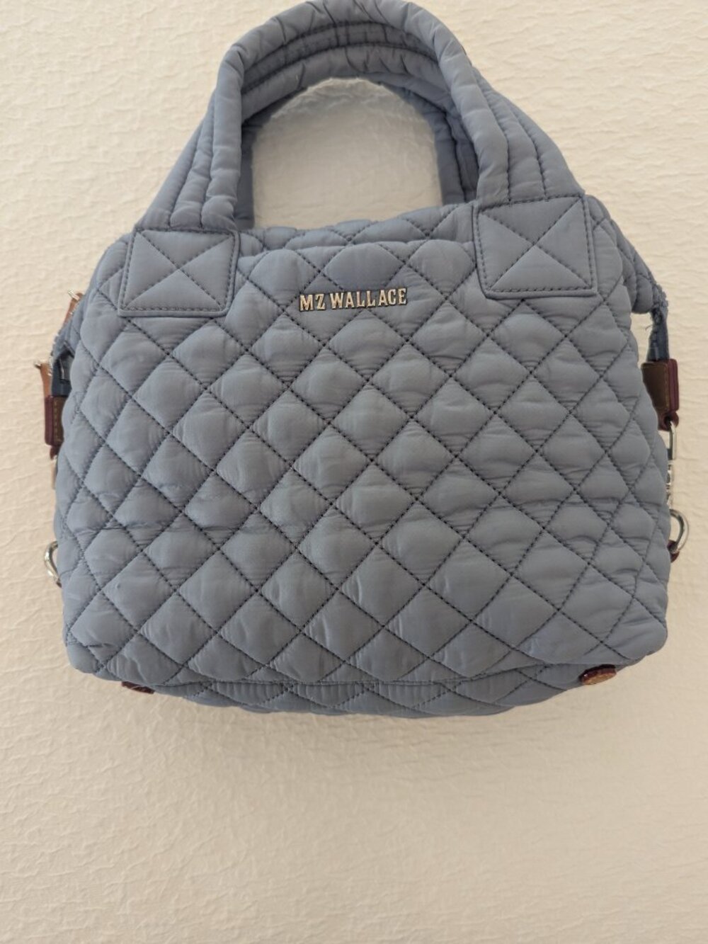 MZ Wallace Quilted Crossbody Bag in Light Blue with Tan Trim